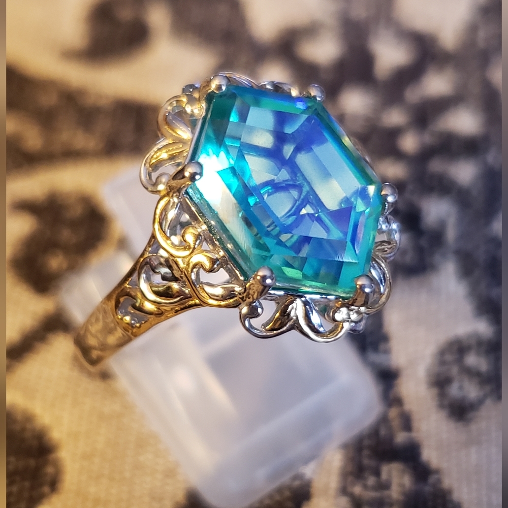 Peacock Quartz Hexagon Ring in Vermeil YG and Platinum Over Sterling Silver - Picture 4 of 11